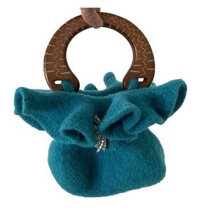 Handmade Felted Wool Handbag Purse Wood Handle Turquoise Blue Ruffle Artsy